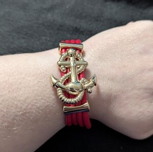 Gold Tone Red Faux Leather Anchor Nautical Statement Bracelet